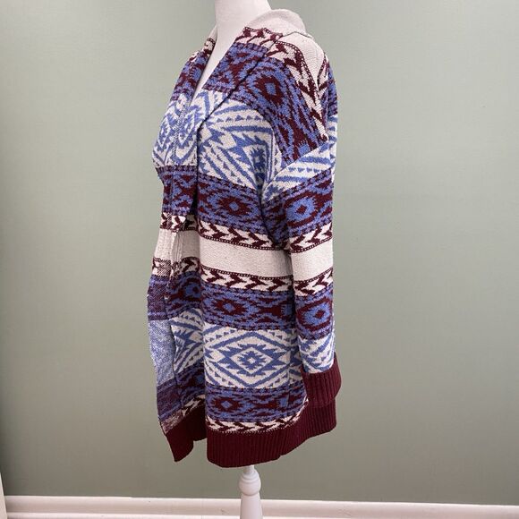Forever 21 Cardigan Sweater Womens Large Blue Aztec Open Duster Cozy Casual - Picture 3 of 11
